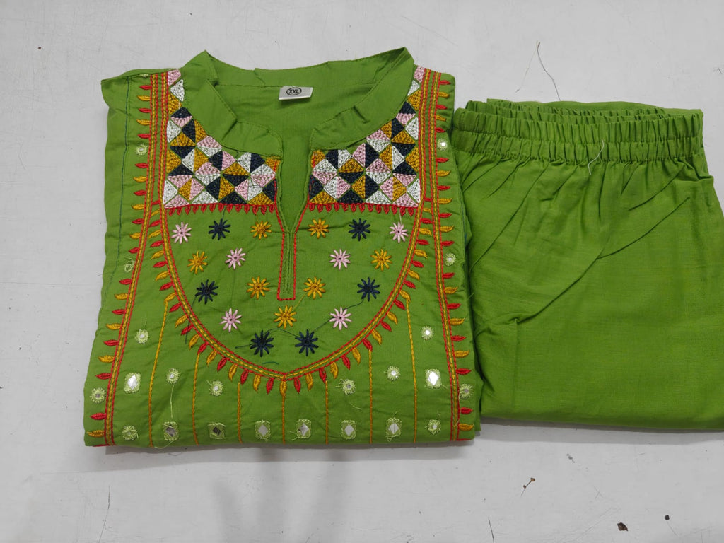 Women Cotton Embroide Mirror Work Kurta Pant Dupatta Set