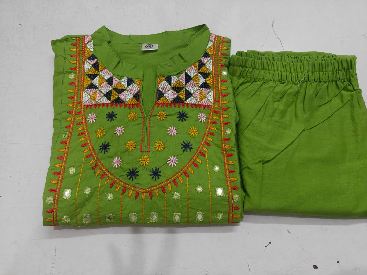 Women Cotton Embroide Mirror Work Kurta Pant Dupatta Set