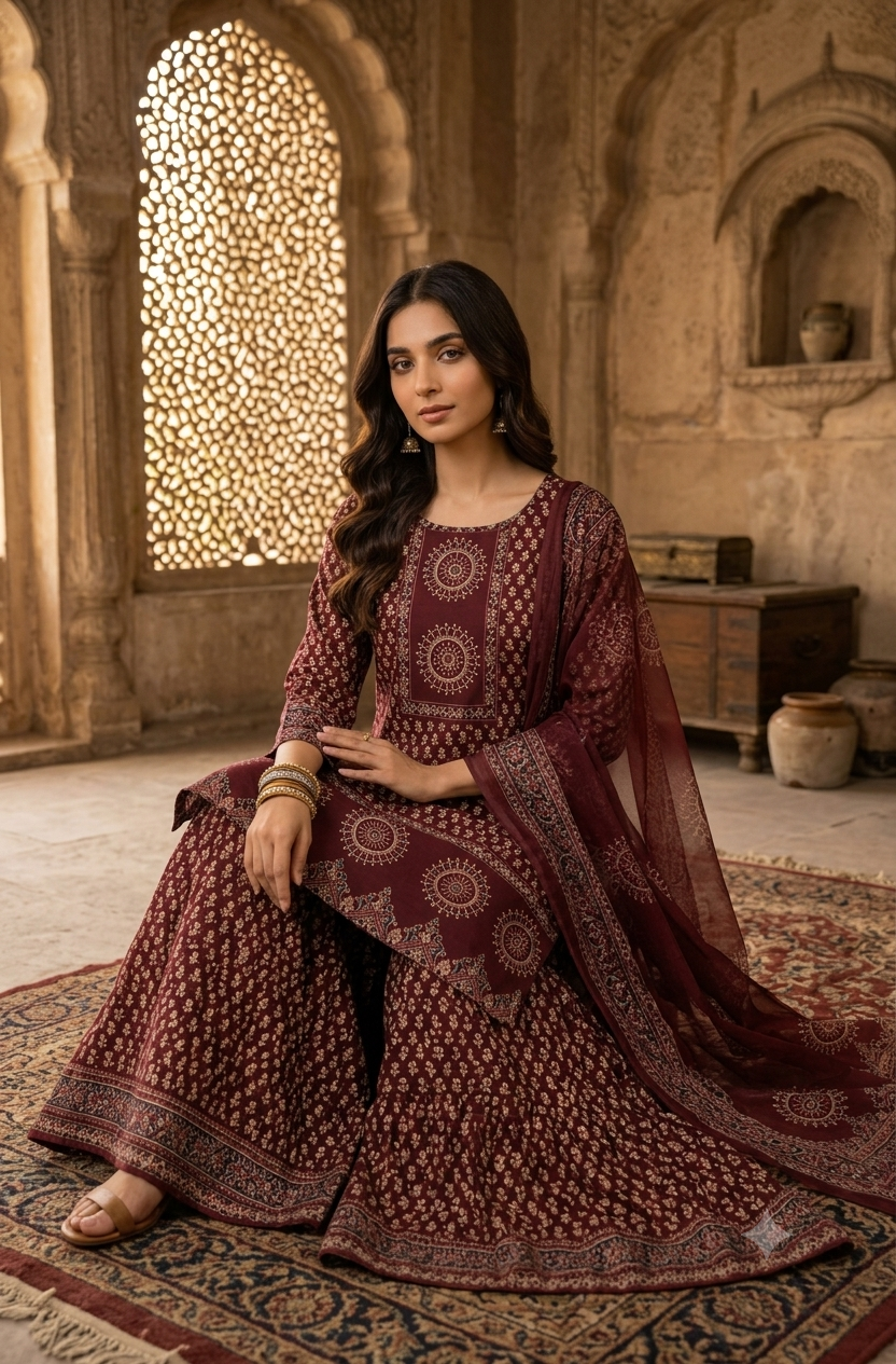 Women's Premium Cotton Printed Gopi Kurti Sharara & Malmal Dupatta Set