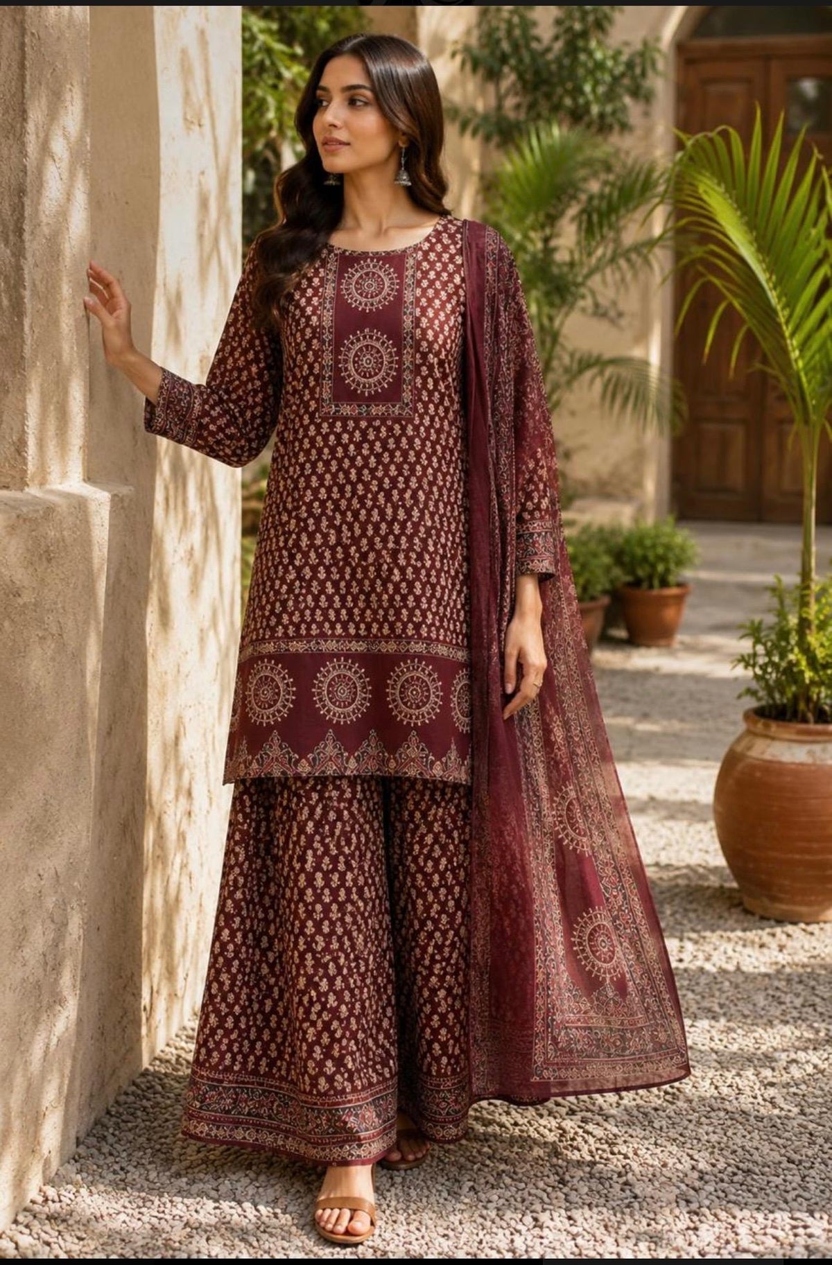 Women's Premium Cotton Printed Gopi Kurti Sharara & Malmal Dupatta Set
