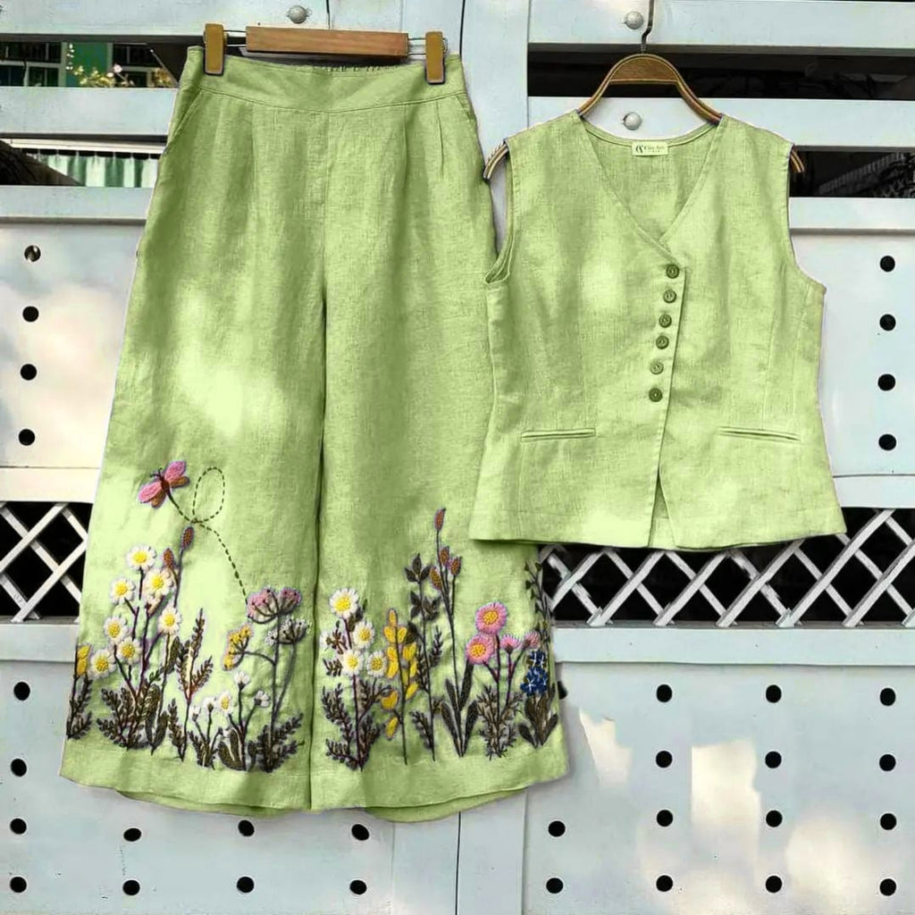 Stylish cotton slub embroide co-ord set with tailo silhouette and functional detailing