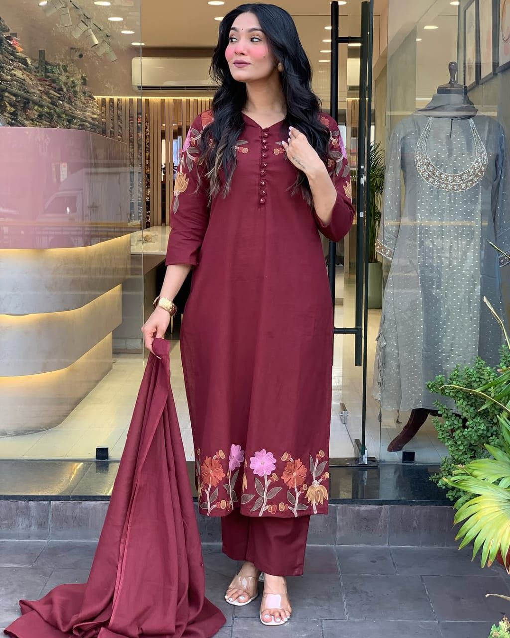 Women Embroide Cotton Kurta Pant Dupatta Set