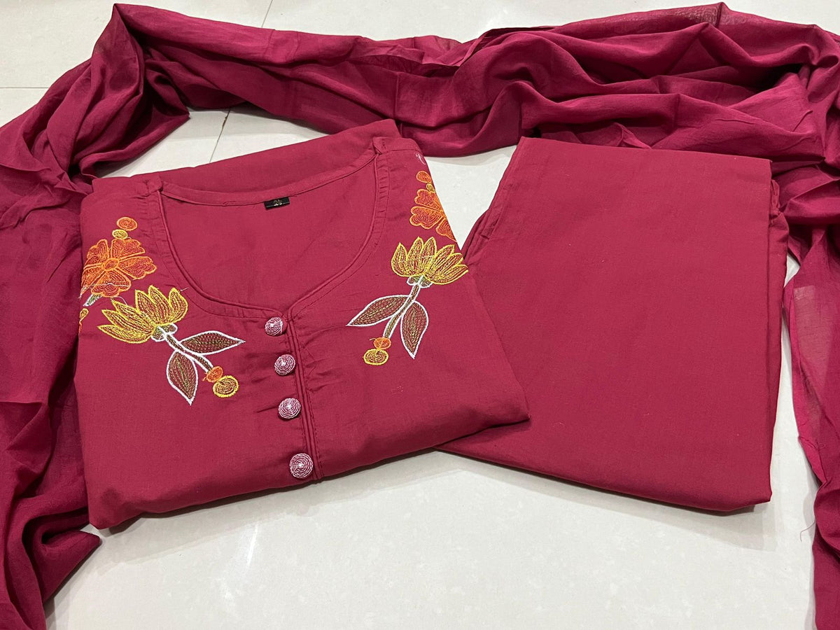Women Embroide Cotton Kurta Pant Dupatta Set