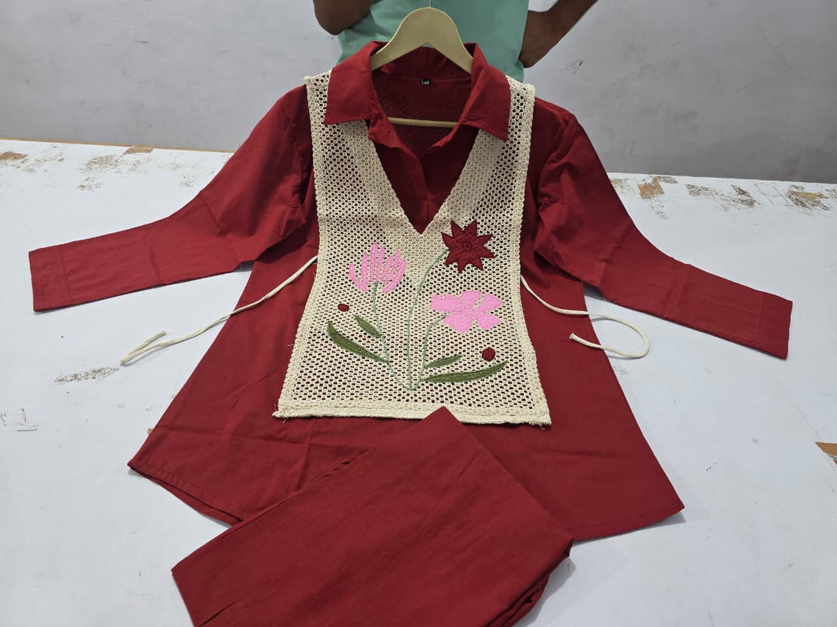 Premium Cotton Shirt with Jute Embroide Jacket and Pant Co-ord Set