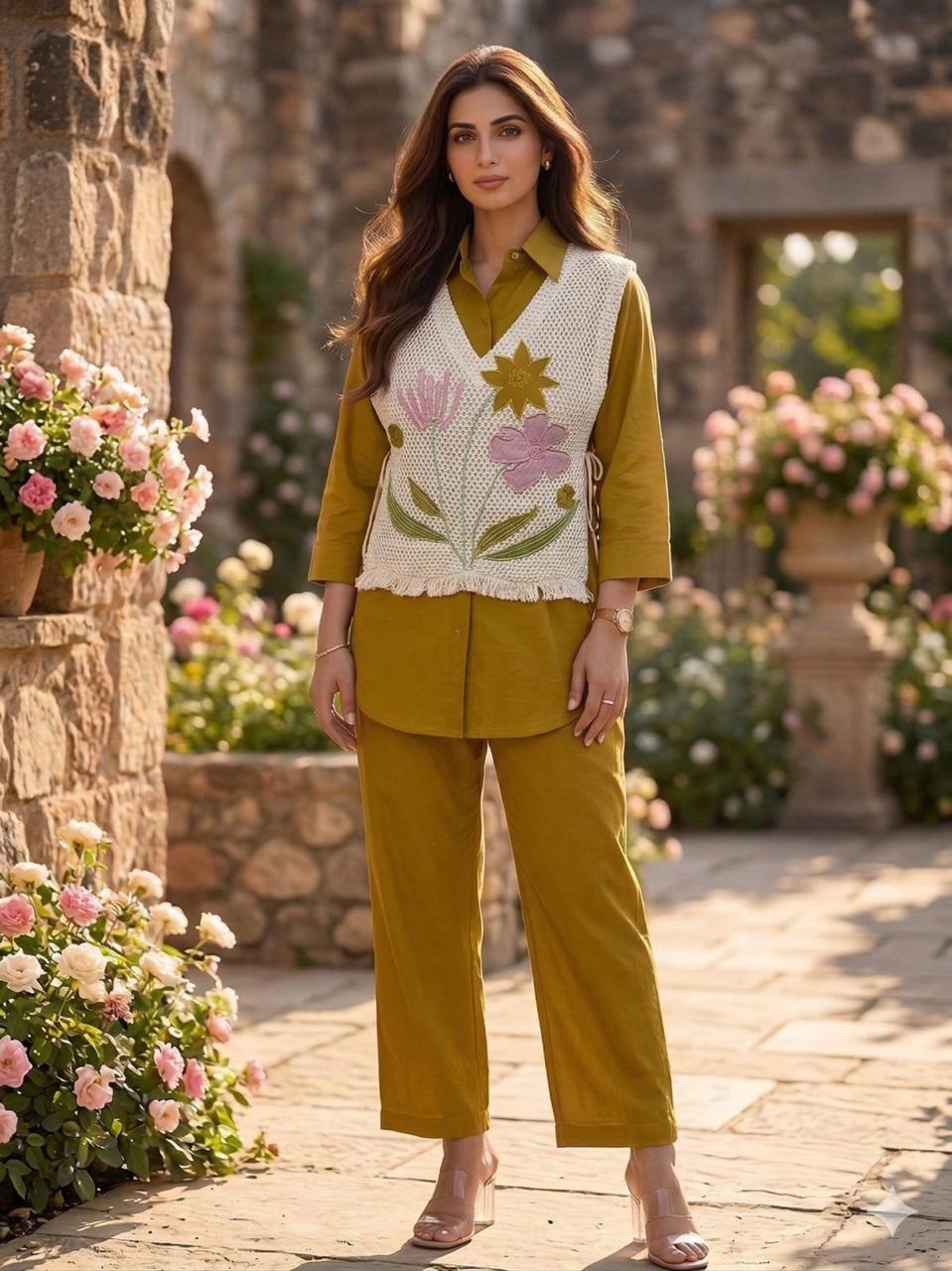 Premium Cotton Shirt with Jute EmbroideYLO Jacket and Pant Co-ord Set