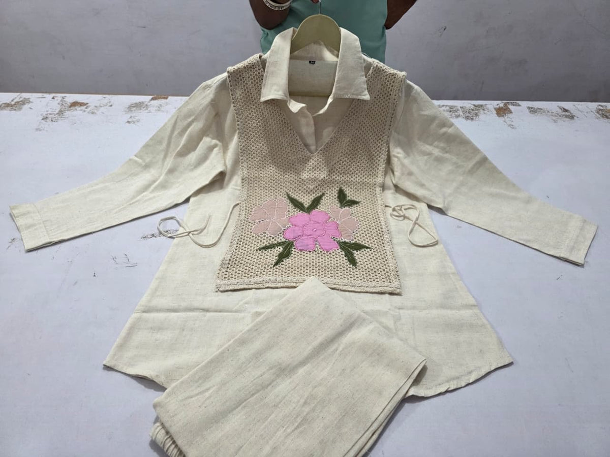 Premium Cotton Shirt with Jute EmbroideCRM Jacket and Pant Co-ord Set