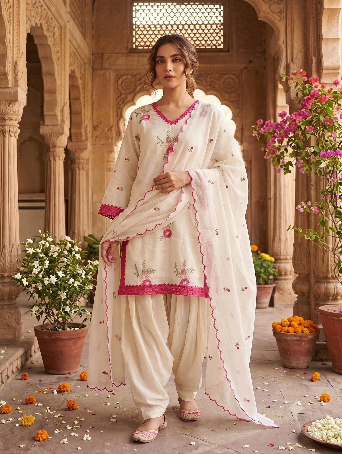 Premium Cotton Hand Embroide Jaipuri Print Farsi Salwar Set with Dupatta