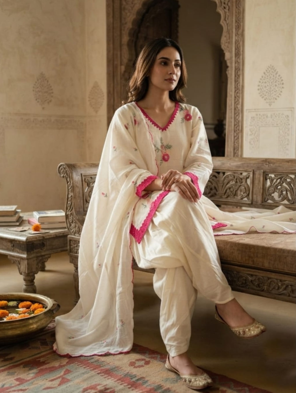 Premium Cotton Hand Embroide Jaipuri Print Farsi Salwar Set with Dupatta