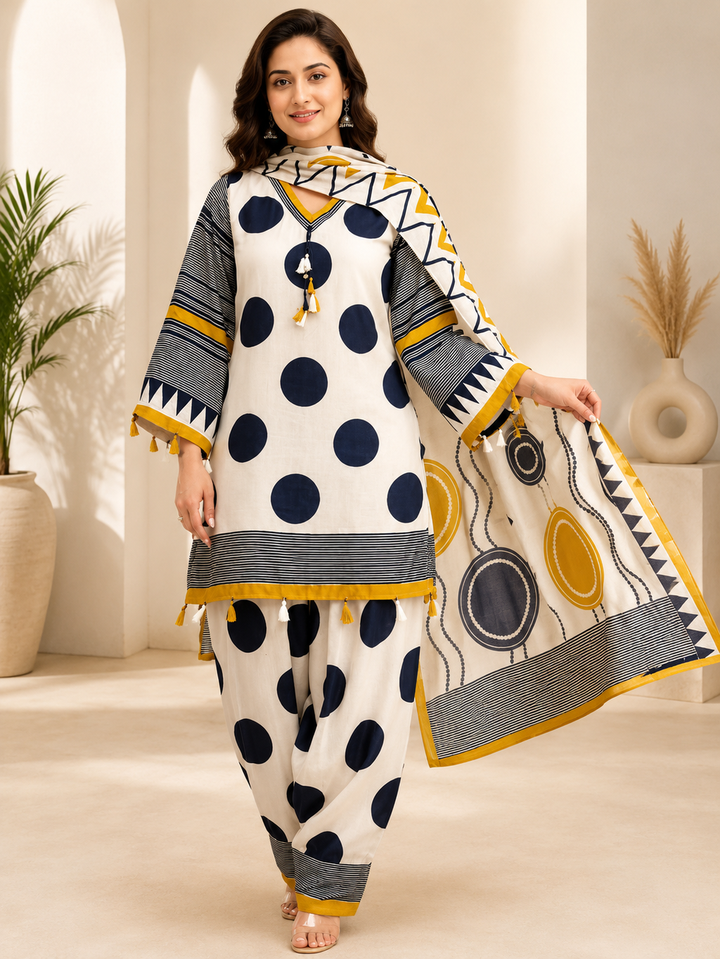 Stylish Trending Printed Cotton Kurta Pant & Dupatta Set with Tassel Detail