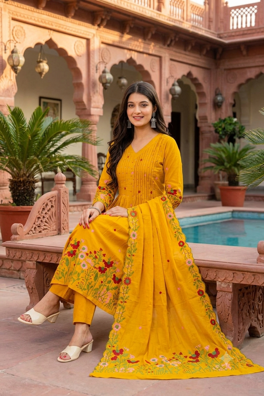 Women's Premium Pure Cotton Fla Anarkali Kurta Pant & Embroide Dupatta Set