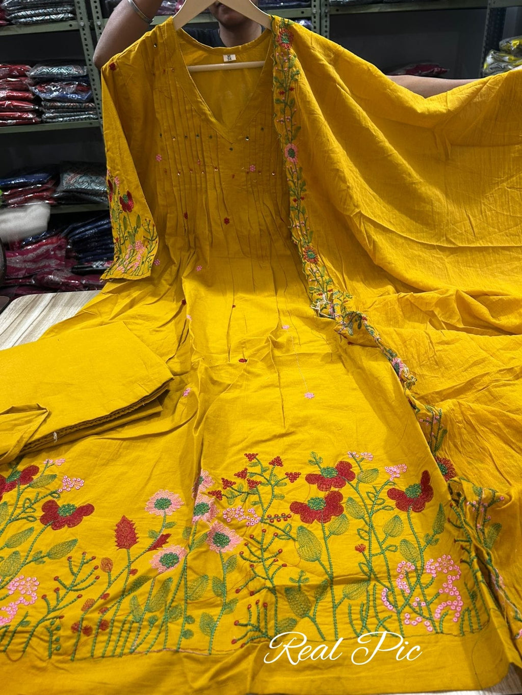 Women's Premium Pure Cotton Fla Anarkali Kurta Pant & Embroide Dupatta Set