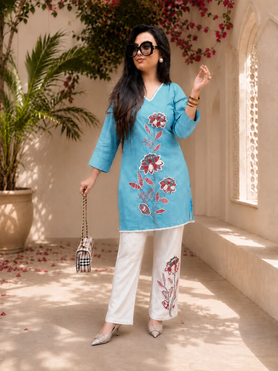 Women's Cotton Slub Floral Embroide Kurti Pant Co-Ord Set