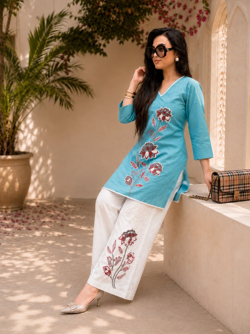 Women's Cotton Slub Floral Embroide Kurti Pant Co-Ord Set