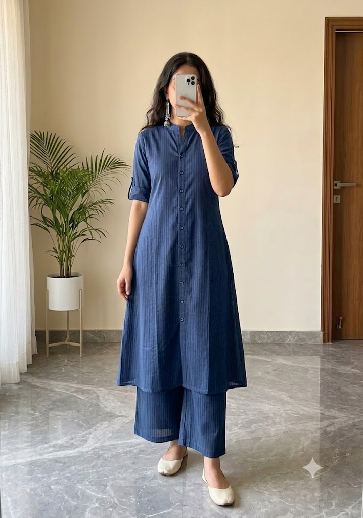 Women's A-Line Cotton Kurti Palazzo Set with Katha Work
