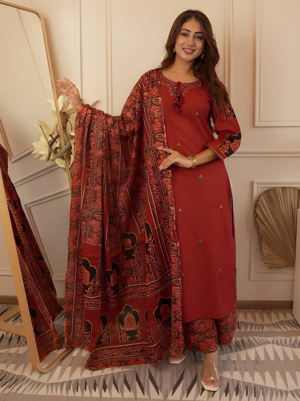Stylish heavy cotton kurta set with detailed neckline embroidery and coordinated pant and dupatta