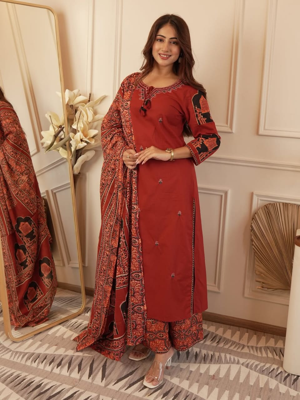 Stylish heavy cotton kurta set with detailed neckline embroidery and coordinated pant and dupatta