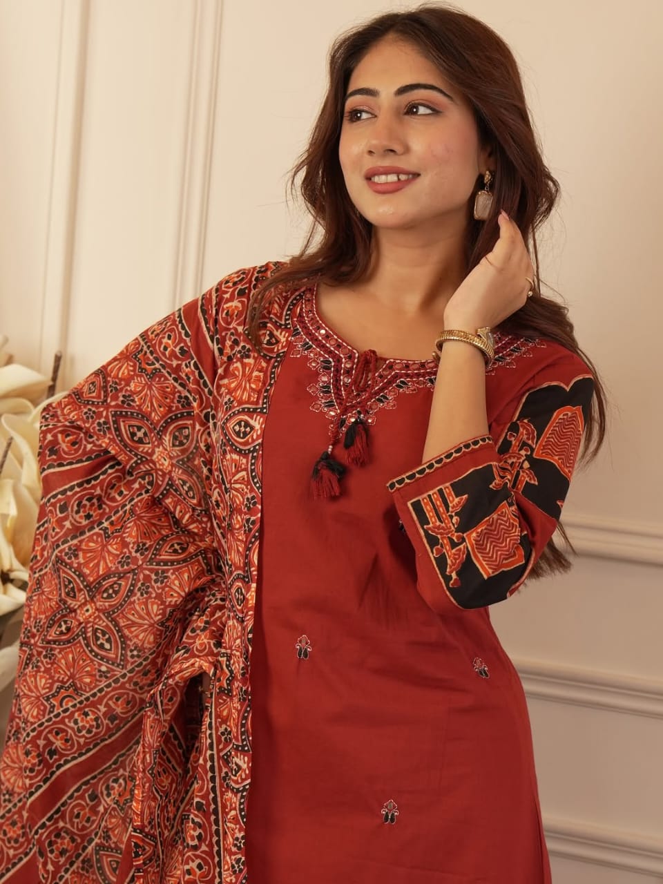 Stylish heavy cotton kurta set with detailed neckline embroidery and coordinated pant and dupatta