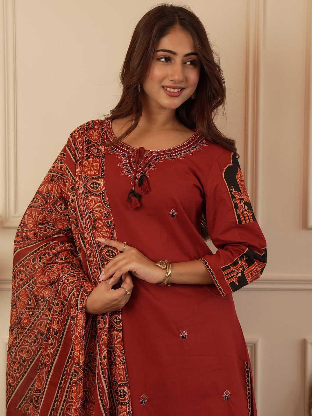 Stylish heavy cotton kurta set with detailed neckline embroidery and coordinated pant and dupatta