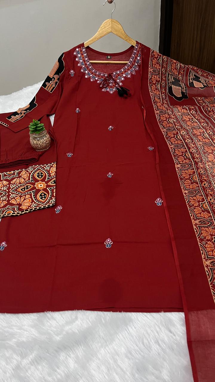 Stylish heavy cotton kurta set with detailed neckline embroidery and coordinated pant and dupatta