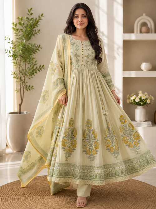 chic Trending Pure Cotton Embroide Anarkali Kurta Pant & Dupatta Set