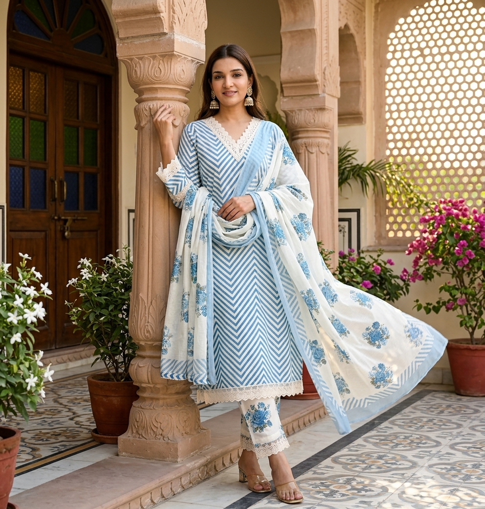 Women's Premium Cotton 60/60 Straight Kurta Pant & Malmal Dupatta Set