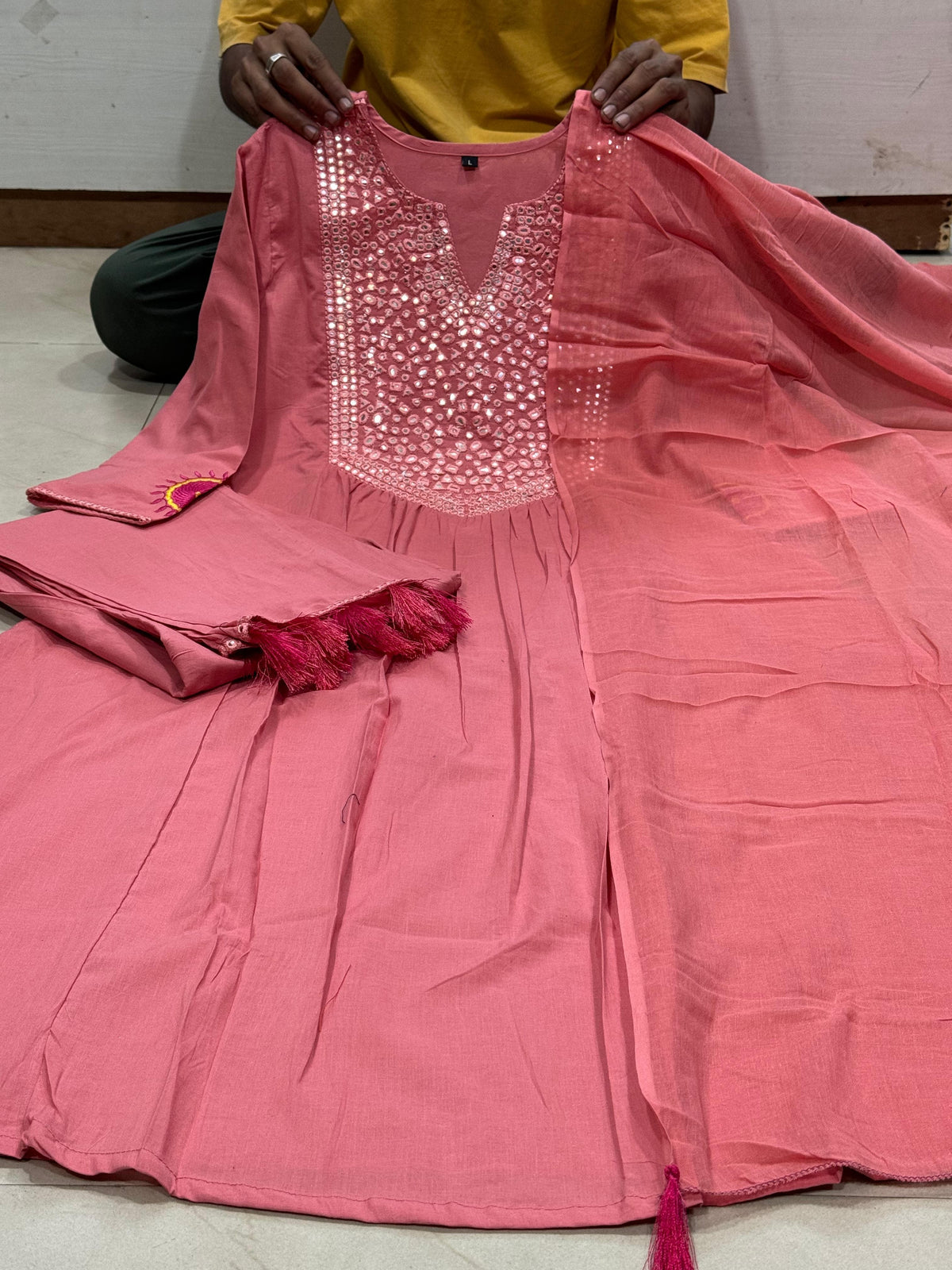 Handcrafted Embroide Pure Cotton Kurta, Pant & Dupatta Set