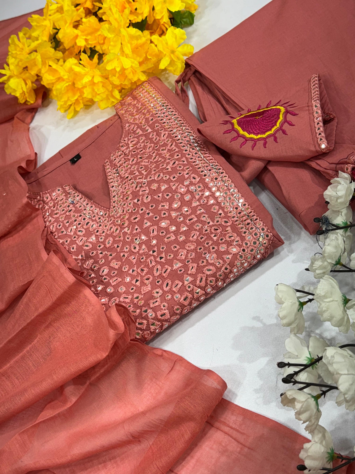 Handcrafted Embroide Pure Cotton Kurta, Pant & Dupatta Set