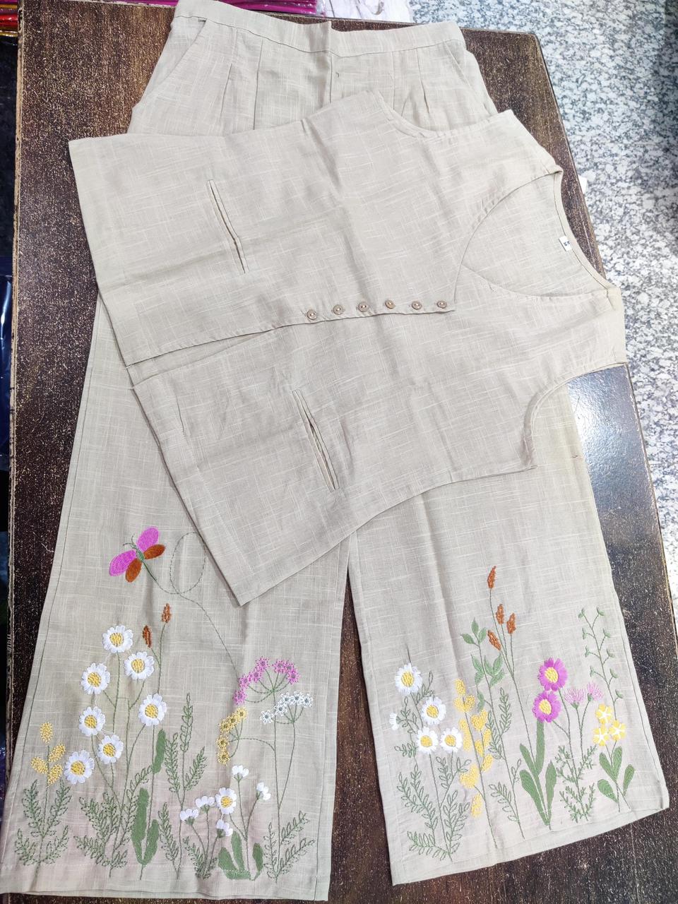 Stylish cotton slub embroide co-ord set with tailo silhouette and functional detailing