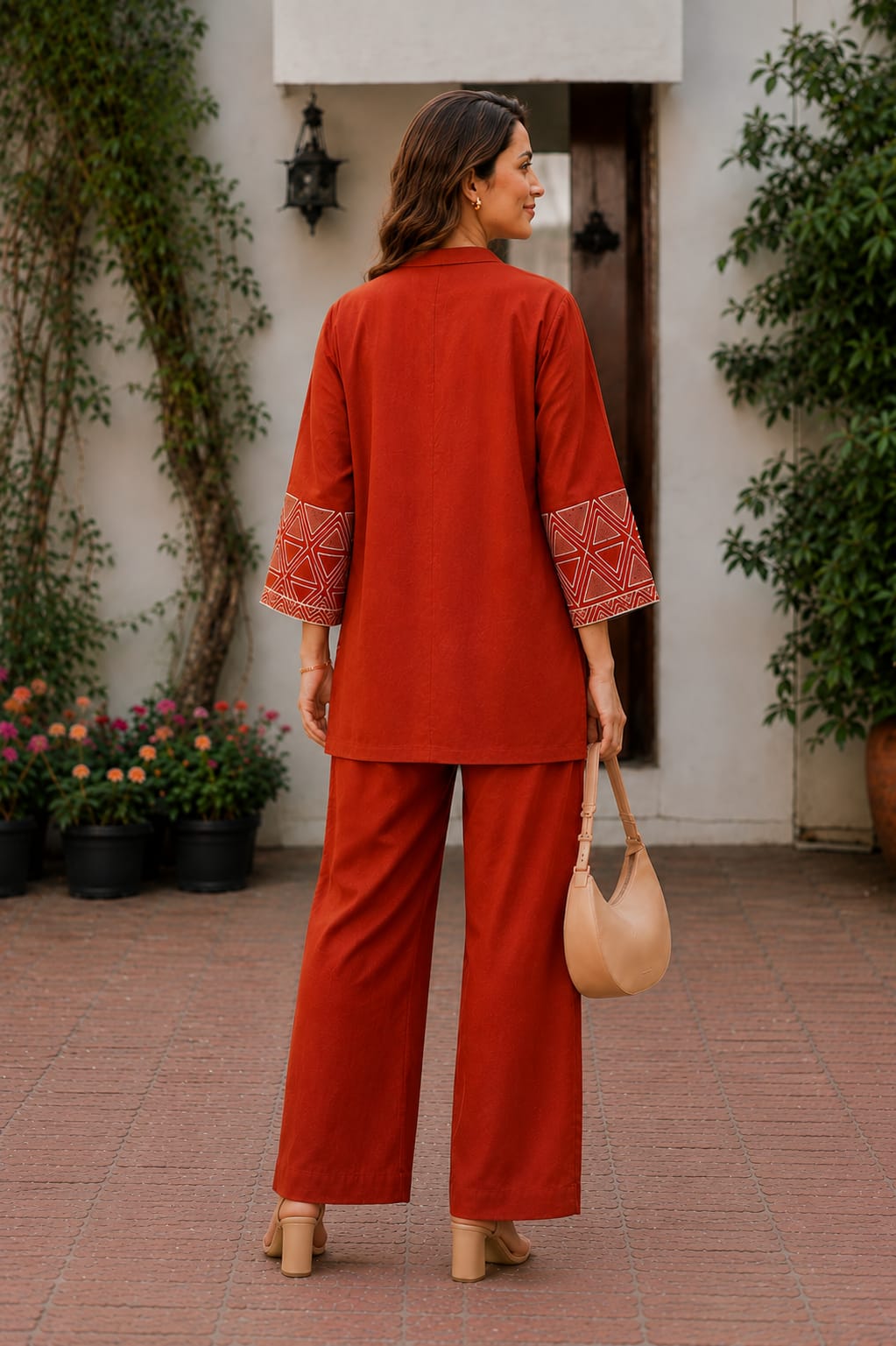 Women's Cotton Flex Embroide Jacket Style Top Inner & Trouser Co-Ord Set