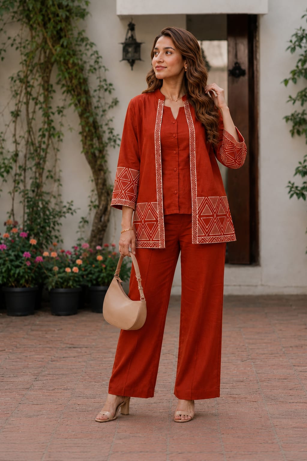 Women's Cotton Flex Embroide Jacket Style Top Inner & Trouser Co-Ord Set