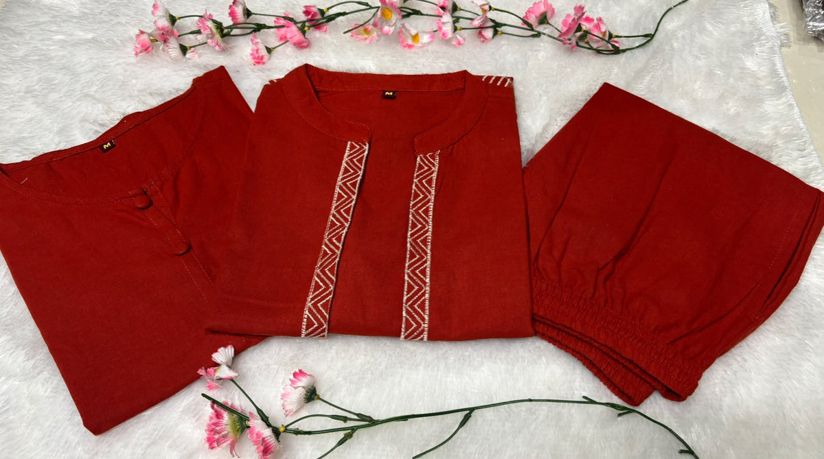Women's Cotton Flex Embroide Jacket Style Top Inner & Trouser Co-Ord Set