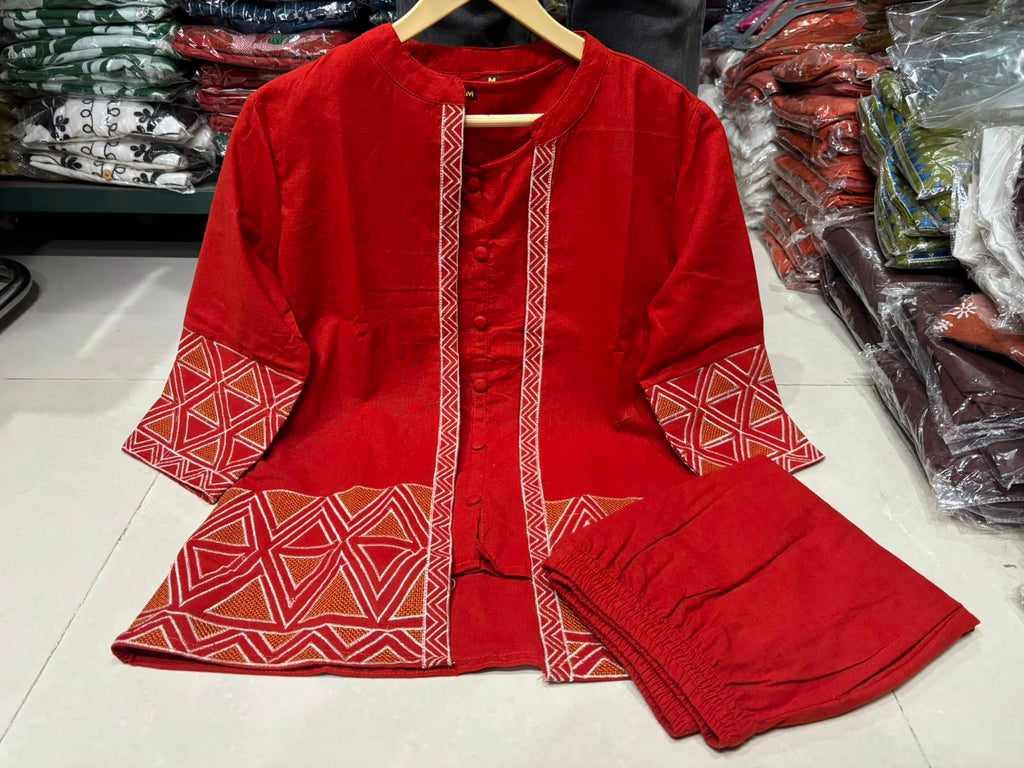 Women's Cotton Flex Embroide Jacket Style Top Inner & Trouser Co-Ord Set