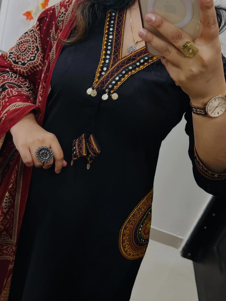 Women Stylish Cotton Kurta Pant Dupatta Set with EmbroideBLK Yoke and Ajrakh Dupatta