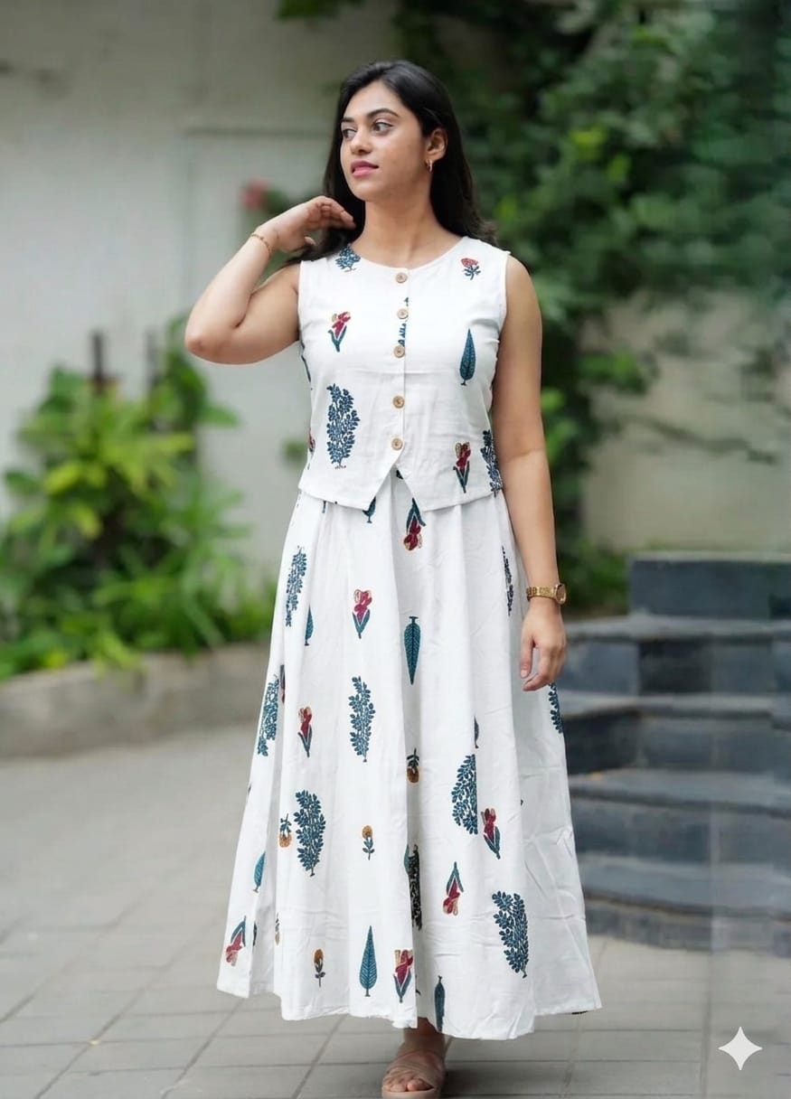 Women Printed Cotton Top And Skirt Set
