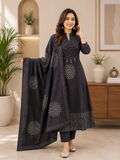 Trending Stylish A-Line Cotton Kurta Pant Dupatta Set with Pintex & Adda Work