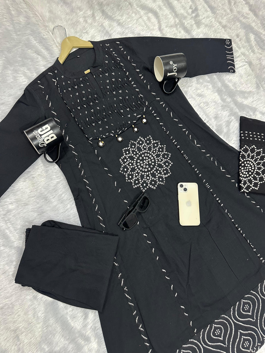 Trending Stylish A-Line Cotton Kurta Pant Dupatta Set with Pintex & Adda Work