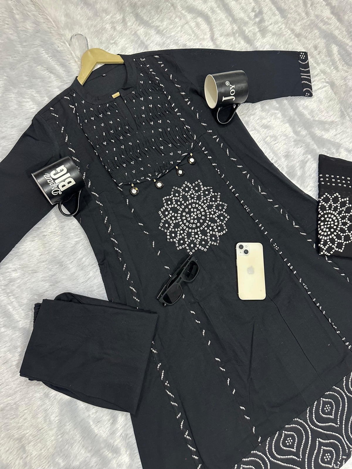 Trending Stylish A-Line Cotton Kurta Pant Dupatta Set with Pintex & Adda Work