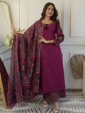 Stylish heavy cotton kurta set with detailed neckline embroidery and coordinated pant and dupatta