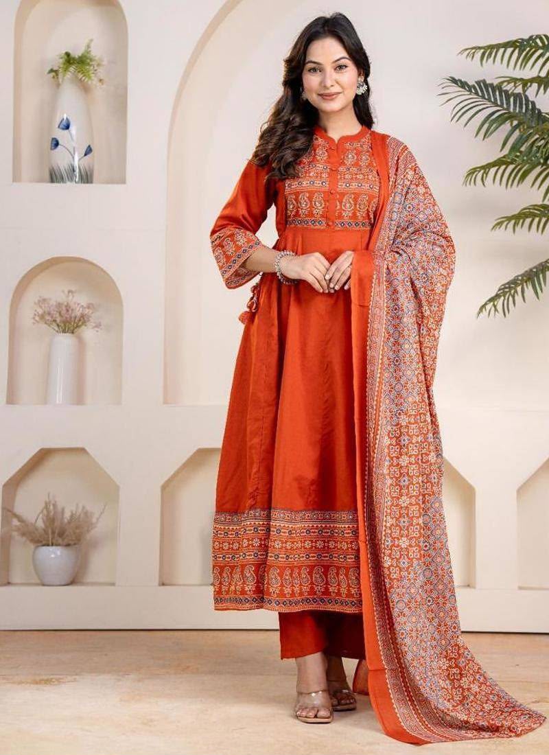 Women's Premium Cotton Fla Kurta Pant & Printed Malmal Dupatta Set