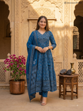 Women's Premium Cotton Sanganeri Print Fla Anarkali Kurta Pant & Dupatta Set