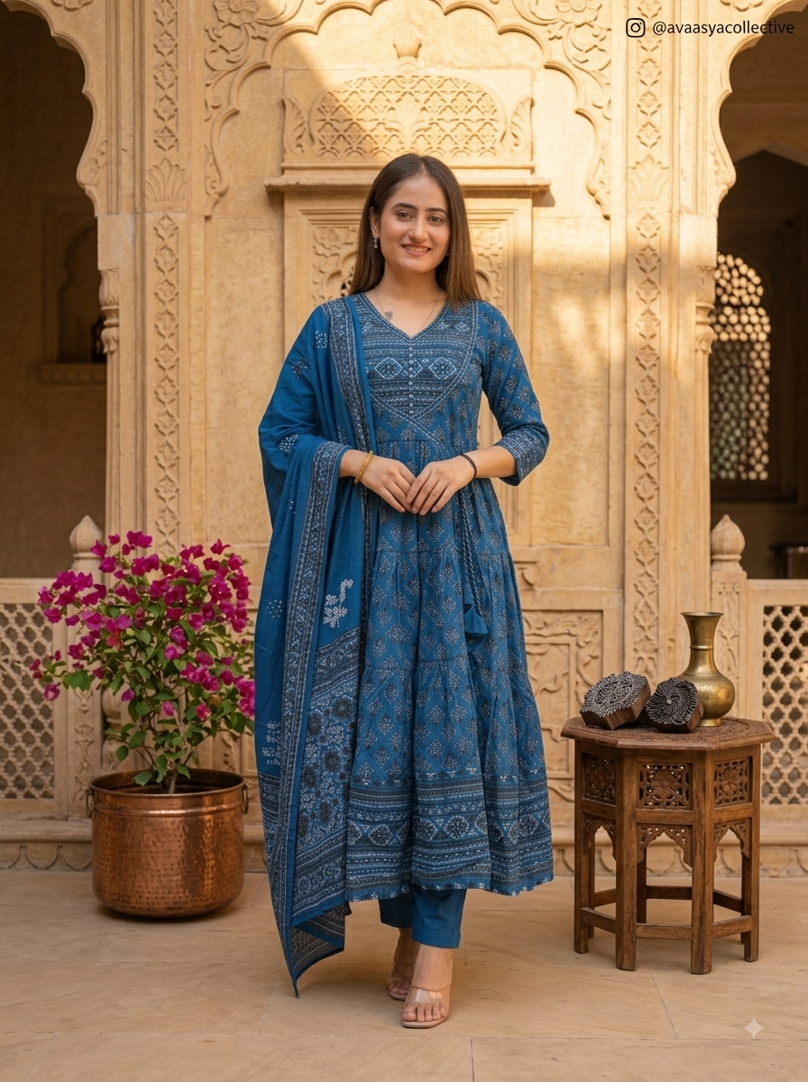 Women's Premium Cotton Sanganeri Print Fla Anarkali Kurta Pant & Dupatta Set
