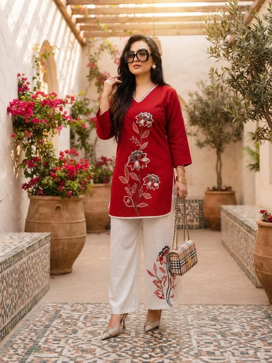 Women's Cotton Slub Floral Embroide Kurti Pant Co-Ord Set