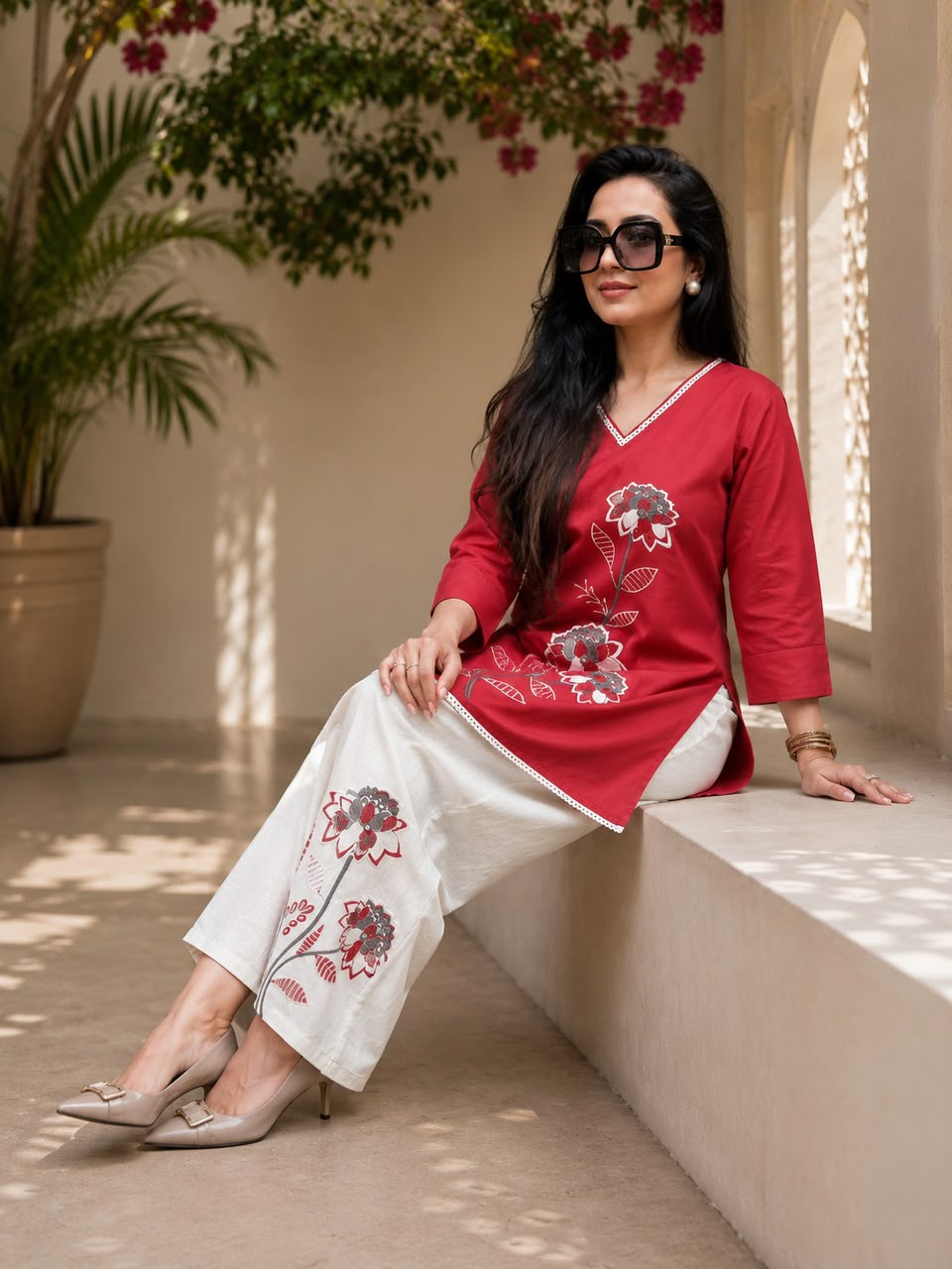 Women's Cotton Slub Floral Embroide Kurti Pant Co-Ord Set