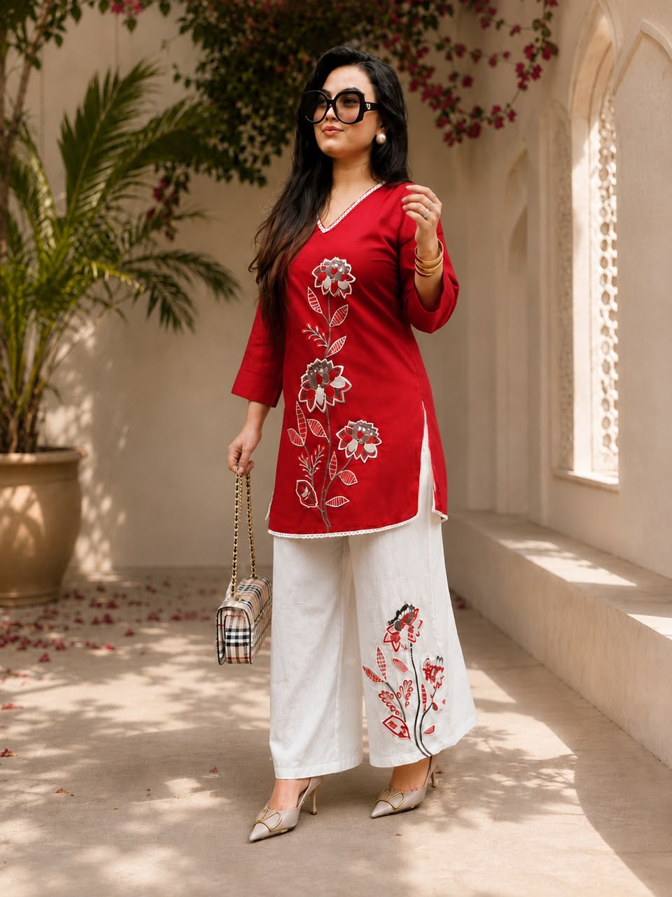 Women's Cotton Slub Floral Embroide Kurti Pant Co-Ord Set