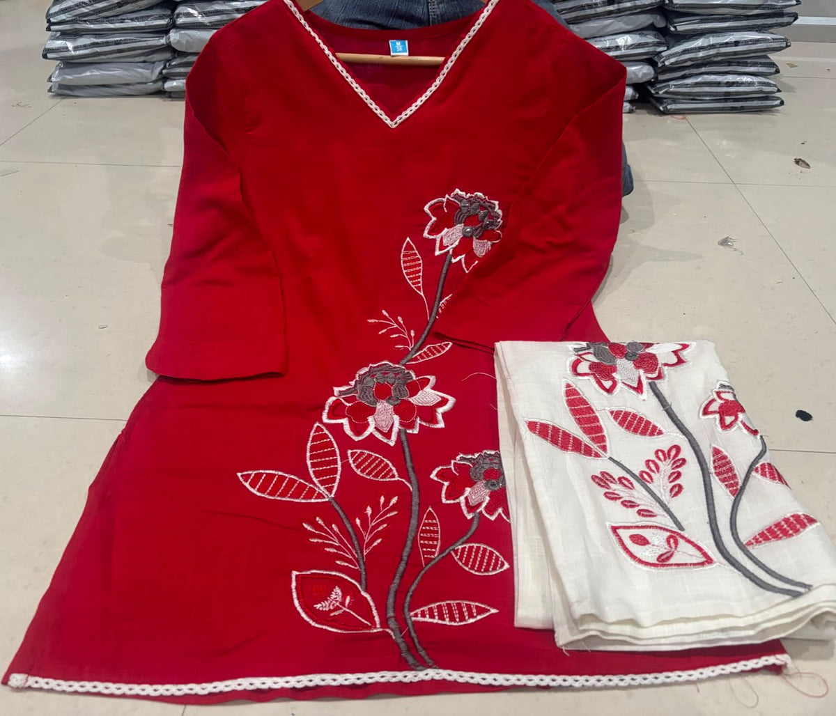 Women's Cotton Slub Floral Embroide Kurti Pant Co-Ord Set