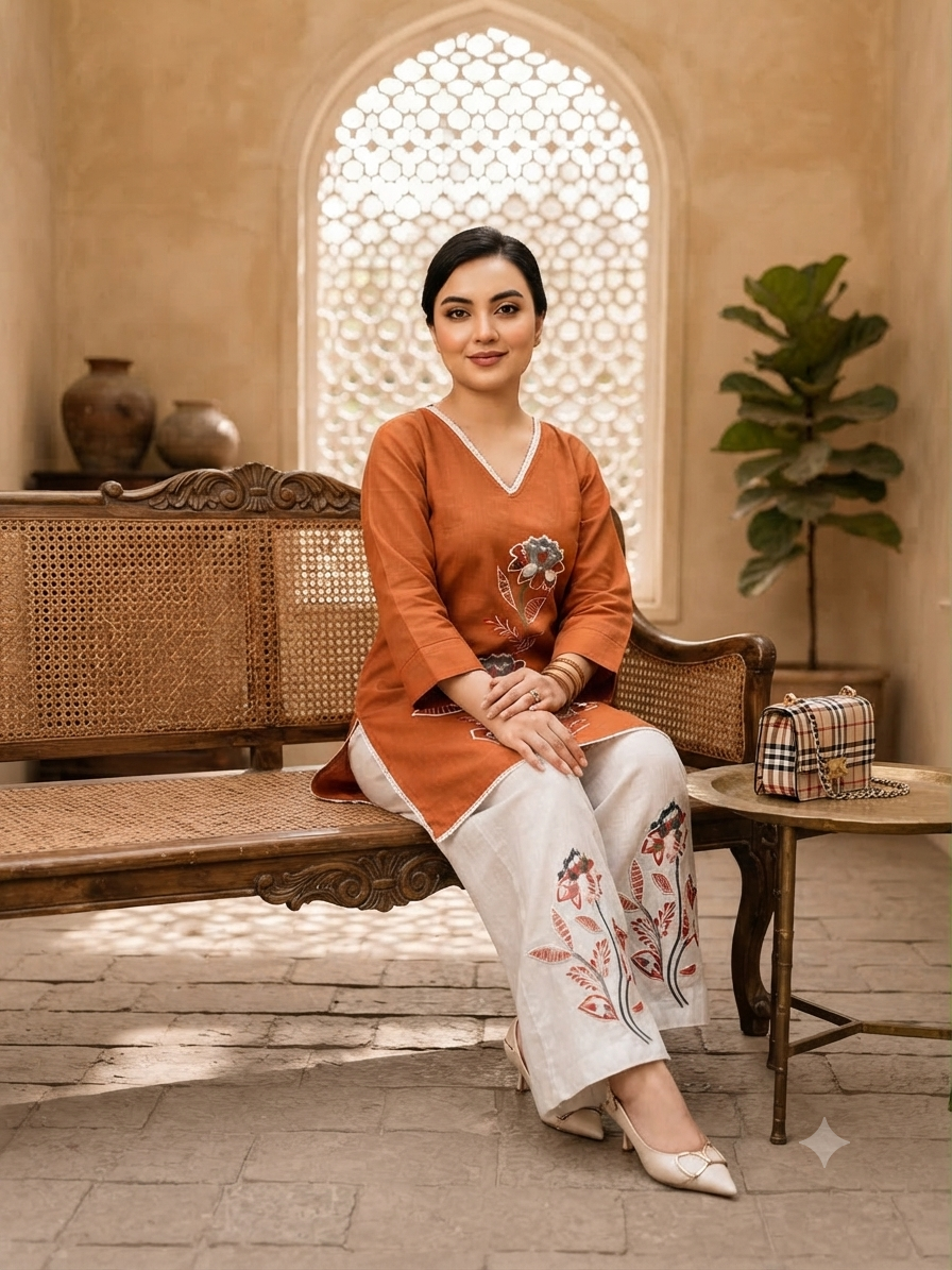 Women's Cotton Slub Floral Embroide Kurti Pant Co-Ord Set