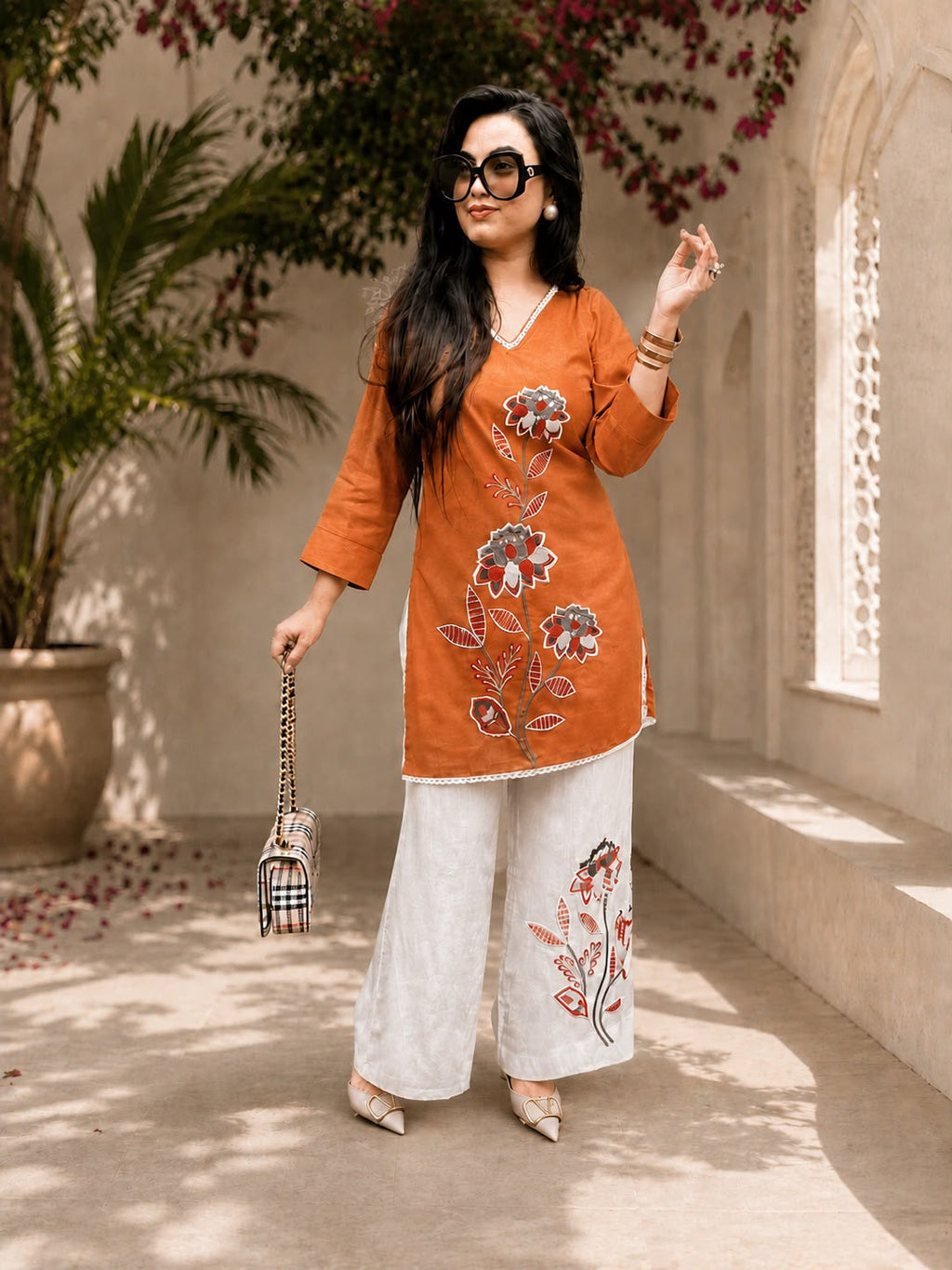 Women's Cotton Slub Floral Embroide Kurti Pant Co-Ord Set