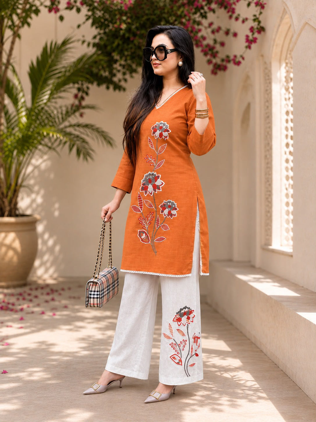 Women's Cotton Slub Floral Embroide Kurti Pant Co-Ord Set