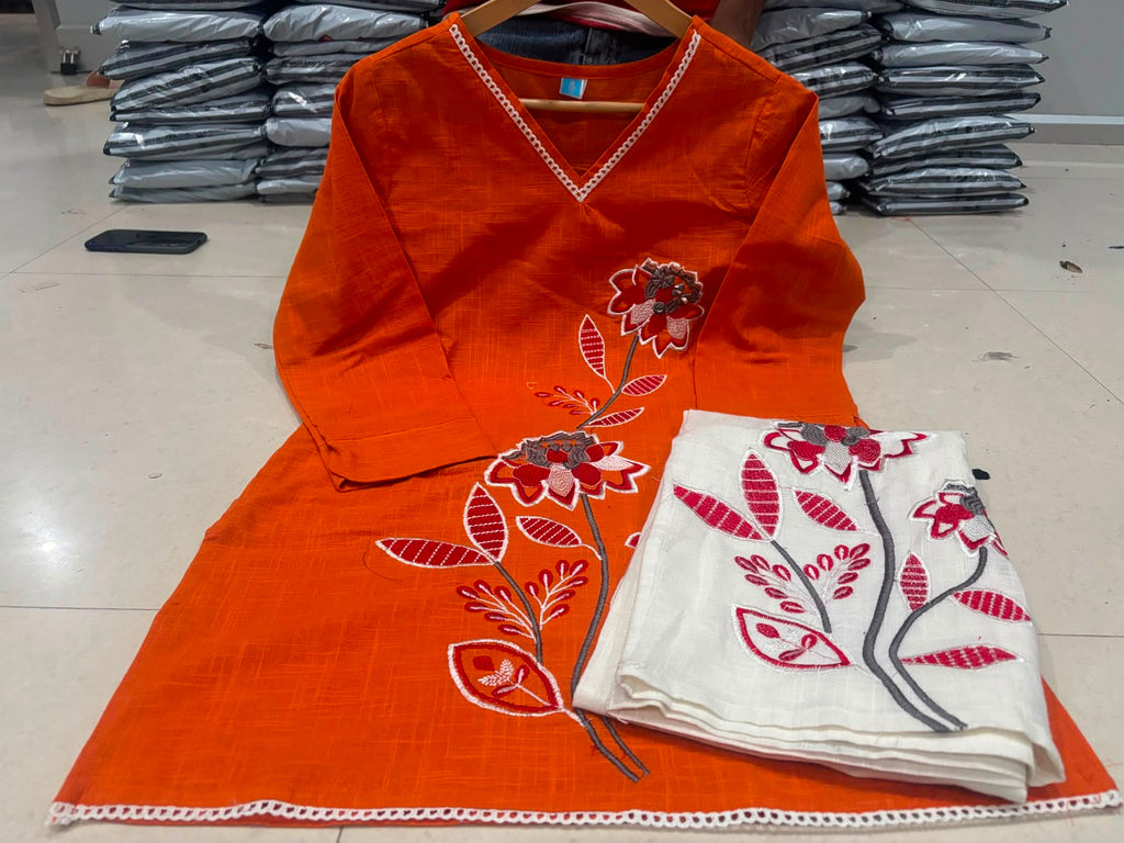 Women's Cotton Slub Floral Embroide Kurti Pant Co-Ord Set