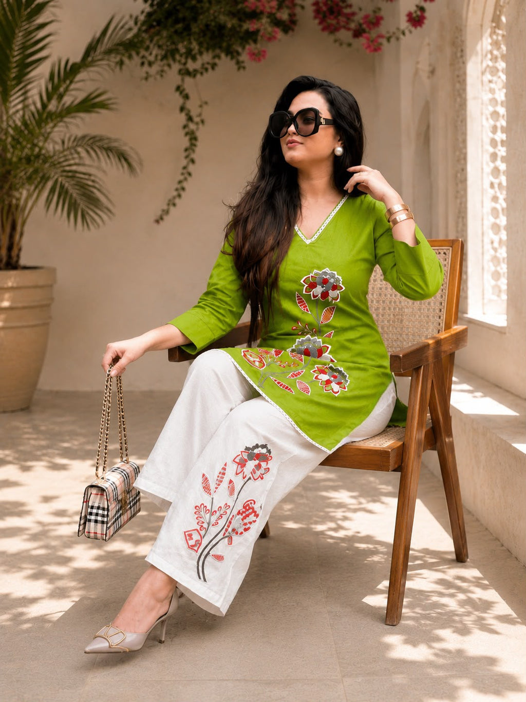 Women's Cotton Slub Floral Embroide Kurti Pant Co-Ord Set